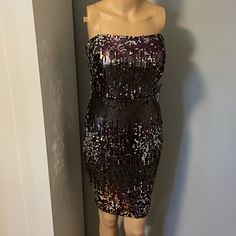 Jump Apparel Size 7/8 Strapless Purple Silver Sequins Glamorous Strapless Dress For Party, Strapless Holiday Evening Dress For Parties, Evening Strapless Cocktail Dress With Sequins, Party Season Strapless Sequin Dress, Party Strapless Dress With Sequins, Strapless Sequin Dress For Party Season Night Out, Sequined Strapless Dress For Party Season, Strapless Sequin Evening Cocktail Dress, Metallic Sequin Sleeveless Evening Dress