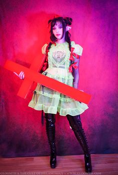 Neon green sheer dress by Gloomth (sizes S-6X on our site)! #gloomth #neongreen #neon #sheerdress #anime #altfashion #redcross #fashion #inspo #alt #longhair #gothic #cyber #futuristic #pvc #goth #gothfashion