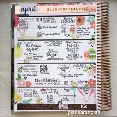 an open spiral notebook with some writing on it and the words april written in different languages