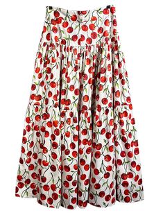 PLEASE, REFER TO STANDARD MEASUREMENTS PROVIDED  I USE SMALLER SIZING THAN STANDARD US SIZING Welcome to my shop! I'm creating standard size dresses from top quality designer fabrics. This beautiful piece is created from Dolce Cherries print fabric (WHITE), closes with zipper at back and is made in 3 gathered layers.  70% cotton / 30% polyester Matching top can be bought here: https://www.etsy.com/uk/listing/1554414810 Adjustments can be done at additional cost. Please, choose "Custom size" & dr White Tiered Maxi Skirt For Spring, White Floral Print Flared Skirt, White Flared Skirt With Floral Print, Cotton Midi Dress With Pleated Skirt, White Tiered Summer Maxi Skirt, Cotton Pleated Midi Skirt Dress, White Tiered Maxi Skirt For Summer, White Printed Long Skirt, White Printed Skirt For Spring