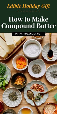 bowls and spoons filled with food on top of a wooden table next to cheese