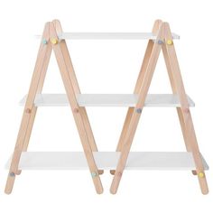 three tiered shelf with wooden legs and white shelves