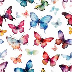 many colorful butterflies are flying in the air on a white background with watercolor effect