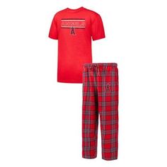 Rest comfortably knowing your Los Angeles Angels are adding a tally to the win column with this Badge T-shirt and pants Sleep set from Concepts Sport. Bold Los Angeles Angels graphics on the tee stand out when paired with the plaid bottoms. Super-soft fabric allows you to dream of team victories over and over again. Brand: Concepts Sport Imported Crew neck Officially licensed Embroidered graphics Short sleeve Tagless Collar Machine wash, tumble dry low Material: 65% Polyester/35% Rayon  Top; 60% Flannel Pants, Rayon Top, Detroit Red Wings, Sleep Set, Georgia Bulldogs, Mens Pajamas, Cincinnati Reds, Shirt And Pants, Drawstring Shorts