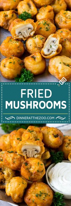 fried mushrooms on a platter with ranch dressing