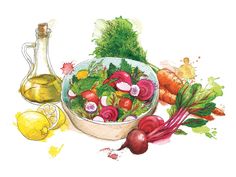 a watercolor painting of vegetables and oil on a white background, including beets, carrots, lettuce, radishes