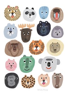 a bunch of animals that are in the shape of faces on a white background with black dots