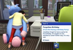 an animated image of two people hugging each other in front of a birthday party sign