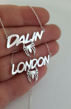 Spider Name Necklace, Silver Spider Lover Necklace, Gold Name Necklace With Spider, Custom Jewelry, Spider Jewelry Lover Necklace, Spider Jewelry, Name Necklace Silver, River Edge, Lovers Necklace, Gold Name Necklace, Necklace Silver, Name Necklace, Men Necklace