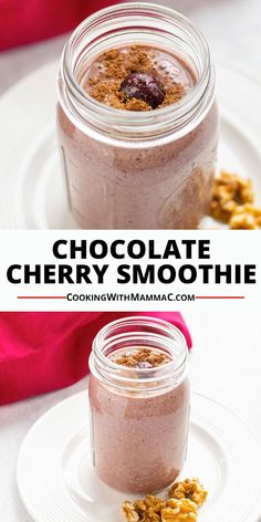 chocolate cherry smoothie in a mason jar on a white plate