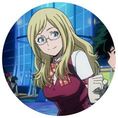 an anime character with long blonde hair and glasses