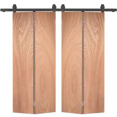 two wooden doors with metal handles on each side