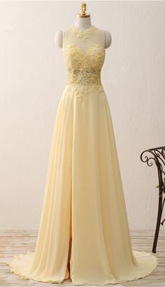 Long Evening Dresses, Prom Dresses Sleeveless, Lace Prom Dress, Chiffon Evening Dresses, Yellow Wedding, Lace Dress Long, Applique Dress, Chiffon Prom Dress, Cheap Prom Dresses