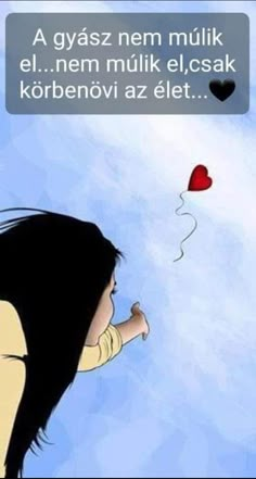 a girl flying a red heart shaped balloon in the sky with her hand on her hip