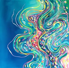 an abstract painting with multicolored swirls and dots on a blue sky background