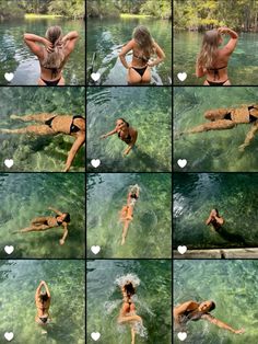 a collage of photos showing different people swimming in the water with hearts on them