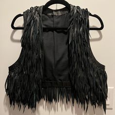 Vintage Black Leather Fringe Vest With Whip Stitch Detailing Around Edges. Cute Over A Long White Blouse And Wide Leg Jeans For A Boho Look. Unique Piece For A 60s Or 70s Costume Party! 70s Costume Party, Leather Fringe Vest, Long White Blouse, 70s Costume, Whip Stitch, Fringe Vest, Leather Fringe, Boho Look, White Blouse