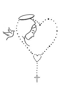 a black and white drawing of a heart with an angel on it's side