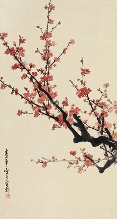 a tree with red flowers in front of a white background and chinese writing on the bottom