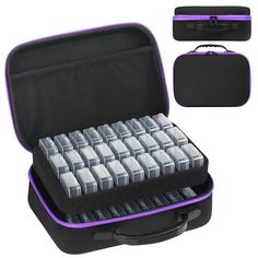 a black and purple case filled with lots of silver keys on top of a white background