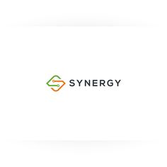 the synergy logo is shown in green, orange and yellow colors on a white background