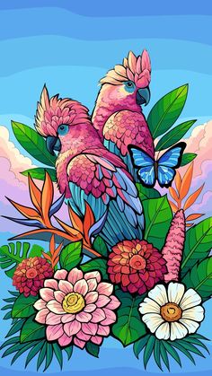 two colorful birds sitting on top of flowers and leaves in front of a blue sky