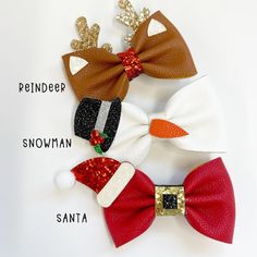 These 4” faux leather hair bows are the perfect accessory. Each bow is made from high quality printed faux leather material and attached to an alligator clip to stay secure in hair all day long. This is for one single bow, for a pigtail set you will need to buy two. Faux Leather Crafts Cricut, Diy Christmas Hair Accessories, Christmas Hair Bows Diy, Faux Leather Hair Bows, Diy Leather Bows, Christmas Hair Clips, Leather Hair Bows, Faux Leather Bows, Holiday Hair Bows