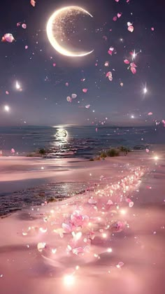 the moon and stars are floating in the sky above the water at night time, with pink petals on the ground