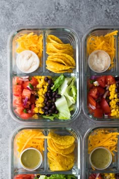 four plastic containers filled with different types of salads and tortilla chips on top of each other