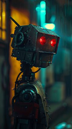 a robot is standing in the rain with its head turned to look like it has red eyes