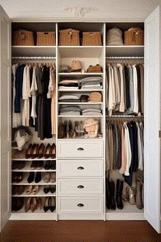 an organized closet with clothes and shoes