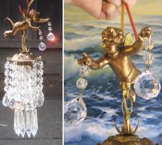 two pictures side by side, one with an angel figurine and the other with chandelier