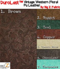 four different types of leathers with the names and colors on them, including brown, blue