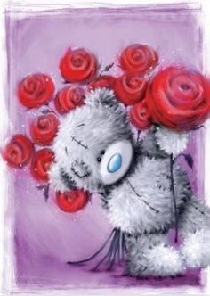 a drawing of a teddy bear with roses in its mouth and eyes on it's head