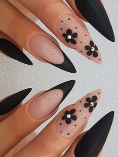 Black Flower Design Nails, White Pink Black Nails, Black Butterfly Nails Almond, Grunge Spring Nails, Dark Nails For Spring, Black Nails For Spring, Spring Nails With Black, Black Spring Nail Designs, Moon Theme Nails