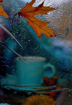 two autumn leaves on a window with water droplets and fall colors in the foreground