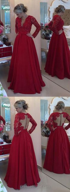 V Neck Prom Dresses, Red Prom Dress, Long Sleeve Evening Gowns, Lace Party Dresses, Satin Formal Dresses Red Prom Dress Long Sleeve, Dresses With Appliques, Red Prom Dress Long, Prom Dresses Red, Satin Formal Dress, Long Sleeve Evening Gowns, Lace Evening Gowns, A Line Evening Dress, Prom Dresses 2018