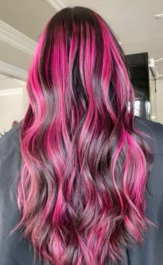 Red Hair With Hot Pink Highlights, Bottom Half Dyed Hair Red, Pink Under Black Hair, Unusual Hair Colours, Hot Pink Peekaboo Hair, Bright Pink Highlights, Black Hair With Pink Highlights, Pink Highlights In Brown Hair