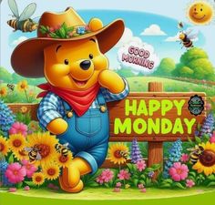 a cartoon winnie the pooh bear holding a sign that says good morning happy monday