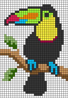 a cross stitch pattern with a toucan sitting on a tree branch