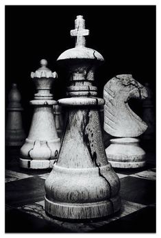 black and white photograph of chess pieces