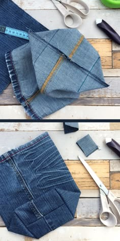 two pictures show how to sew an old pair of jeans