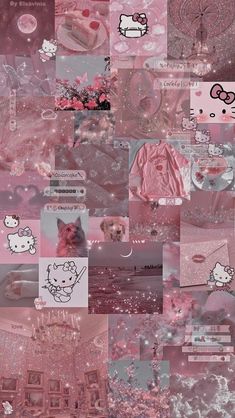 pink hello kitty wallpapers are all over the room and on the phone screen