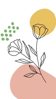 a drawing of a single flower on a white background with green dots in the sky