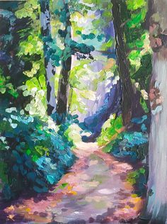 an oil painting of a path in the woods