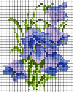 a cross stitch pattern with blue flowers in the center and green stems on each side