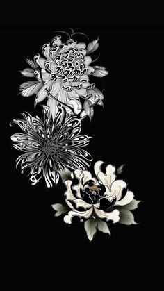 black and white flowers on a black background