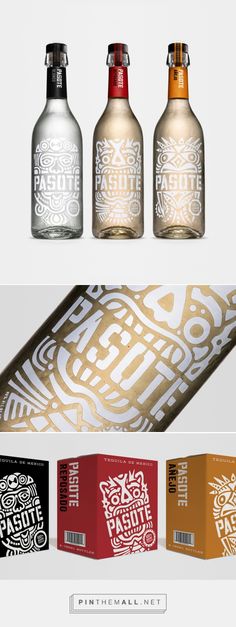 three bottles with different designs on them