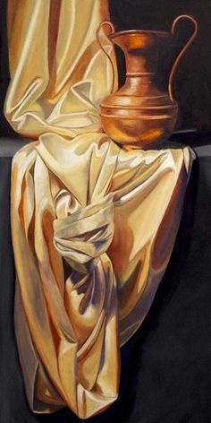 an oil painting of a gold vase on a black background with a white cloth draped around it