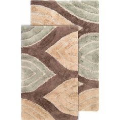 two rugs with different colors and shapes on the floor, one is brown and beige